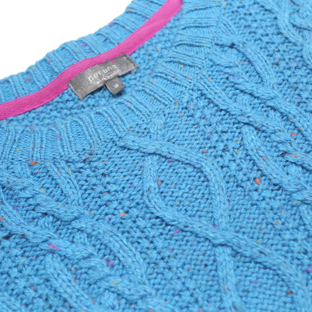 PER UNA Womens Blue Patterned Chunky Knit Crew Neck Jumper UK 18 Wool Blend