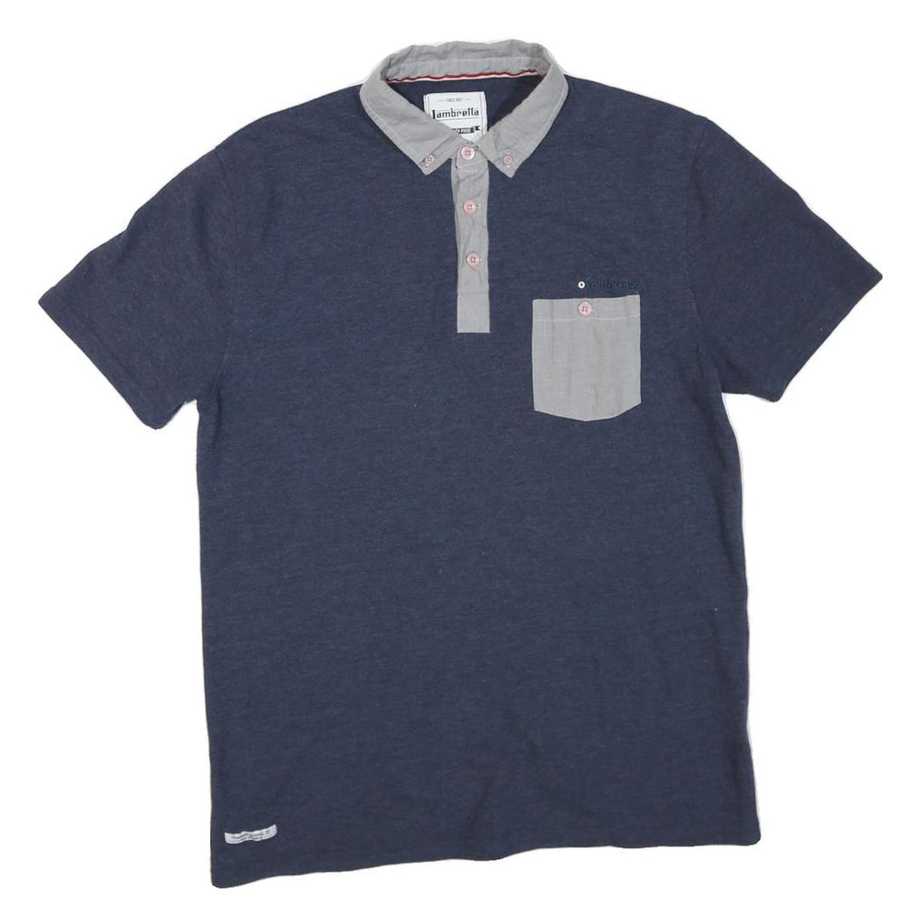 LAMBRETTA Mens Blue & Grey Button-Down Collar Short Sleeve Plain M Cotton Blend