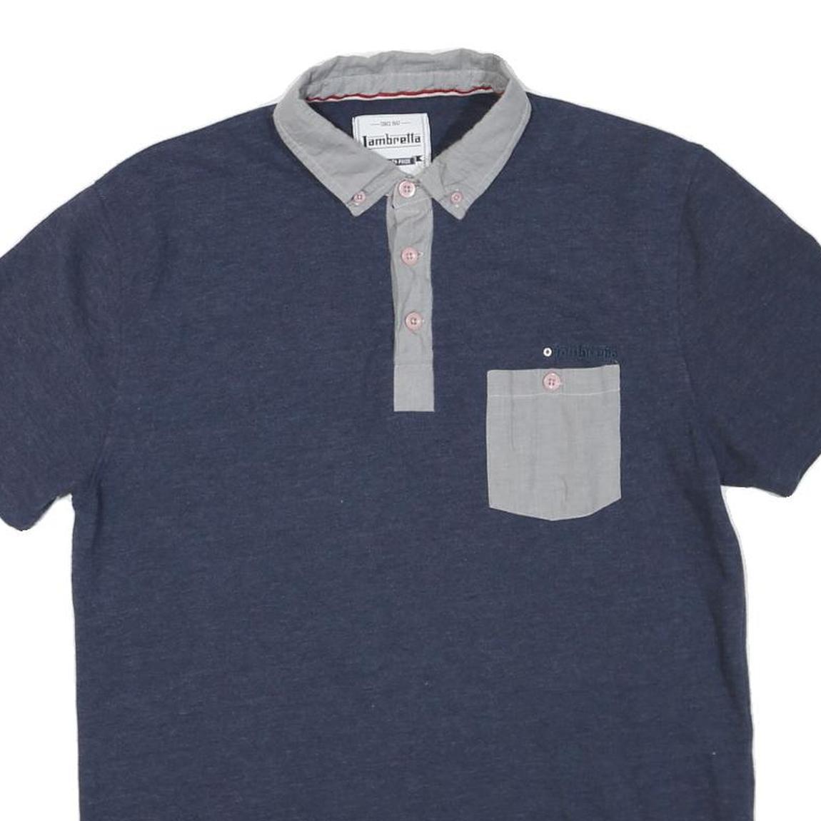 LAMBRETTA Mens Blue & Grey Button-Down Collar Short Sleeve Plain M Cotton Blend