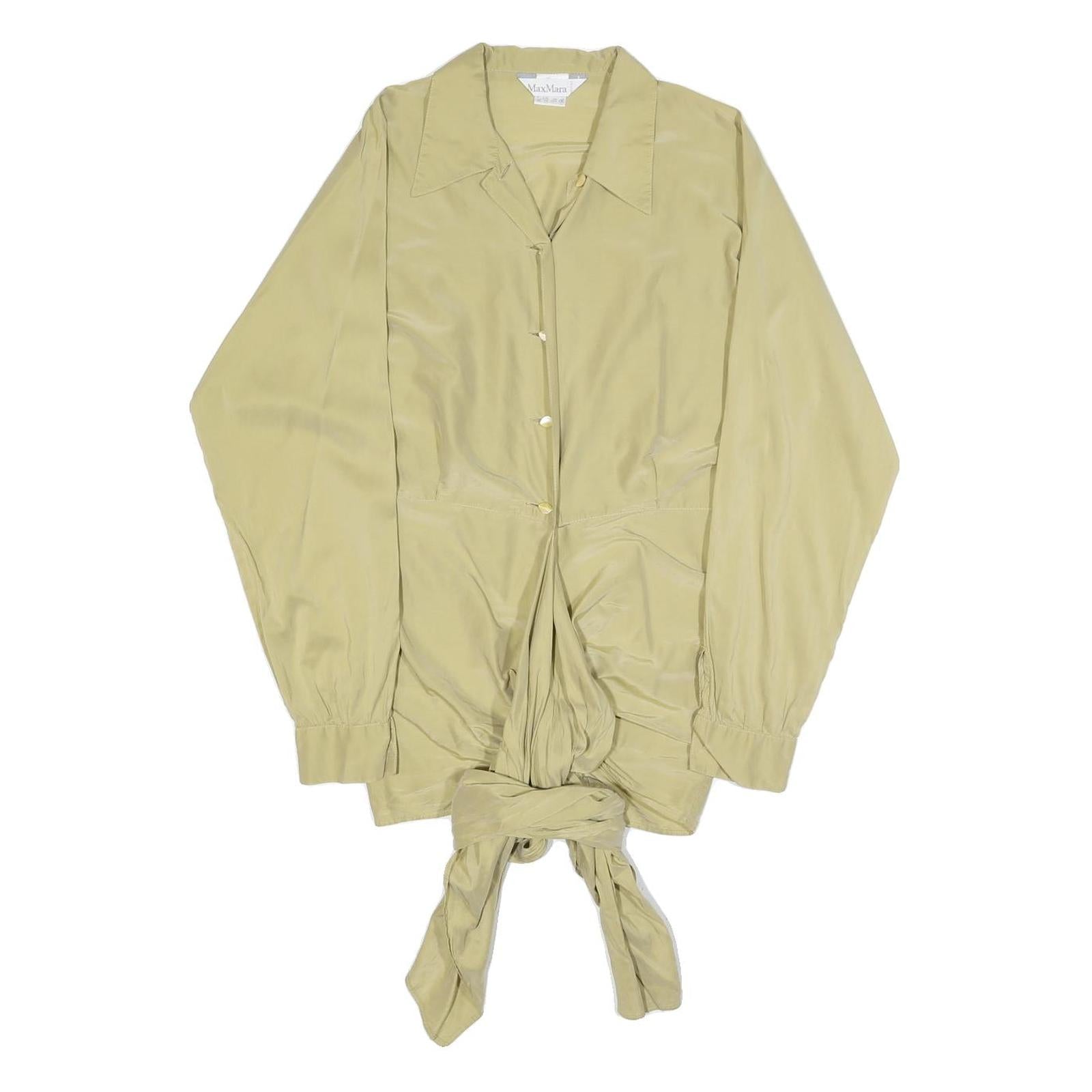 MAX MARA Womens Beige Silk Blend Shirt Long Sleeve Collared S Elegant Tie Hem