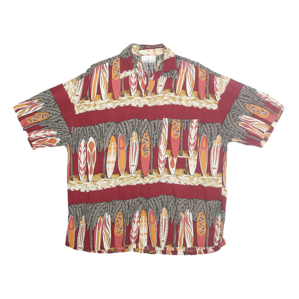 FULENA Mens Red Surfboard Print Cotton Shirt L Casual Summer Short Sleeve