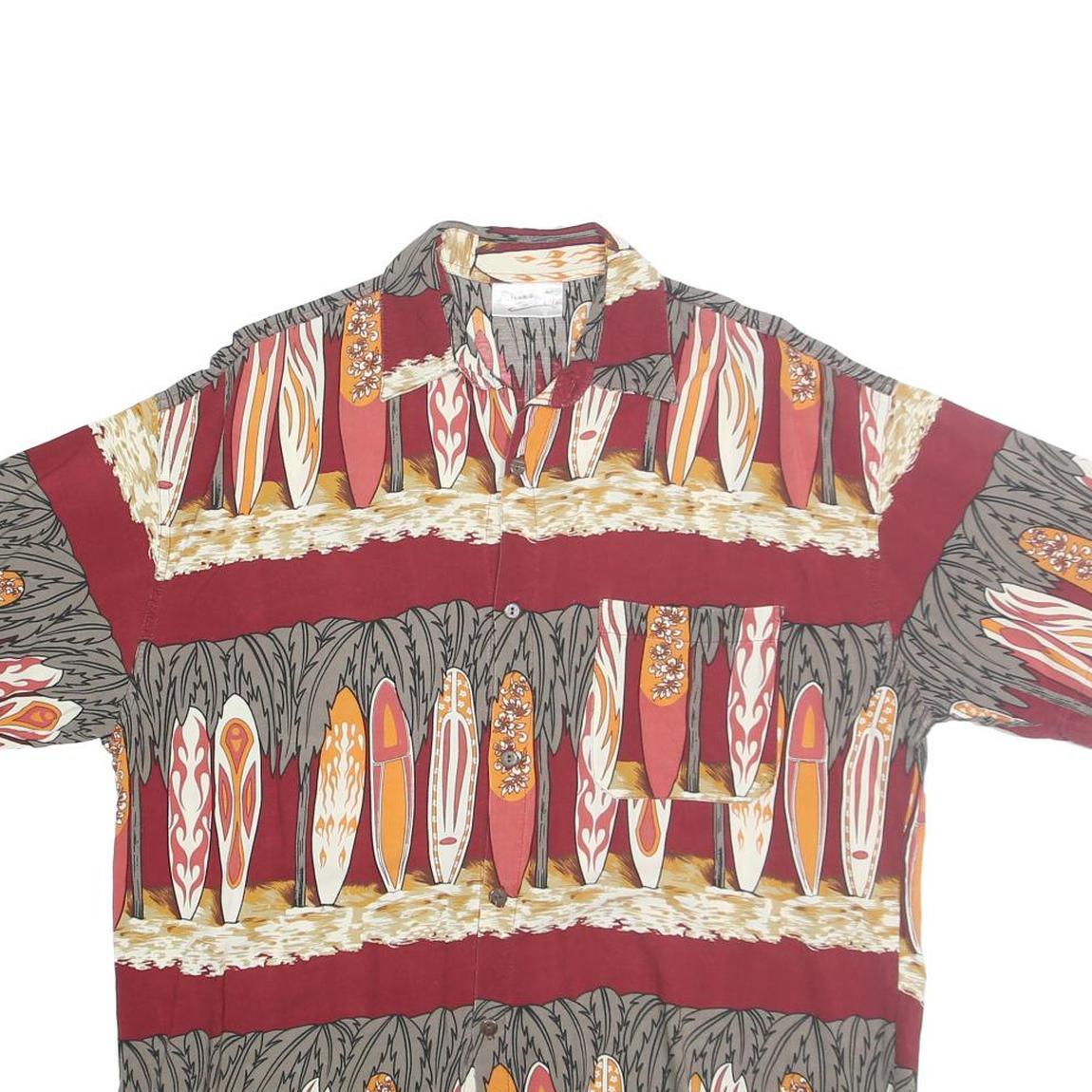 FULENA Mens Red Surfboard Print Cotton Shirt L Casual Summer Short Sleeve