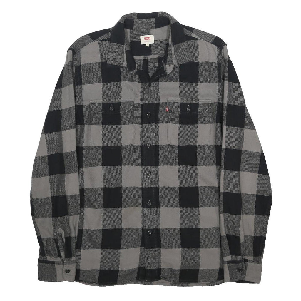 LEVI'S Mens Black & Grey Checked Cotton Shirt L Long Sleeve Button Front Casual