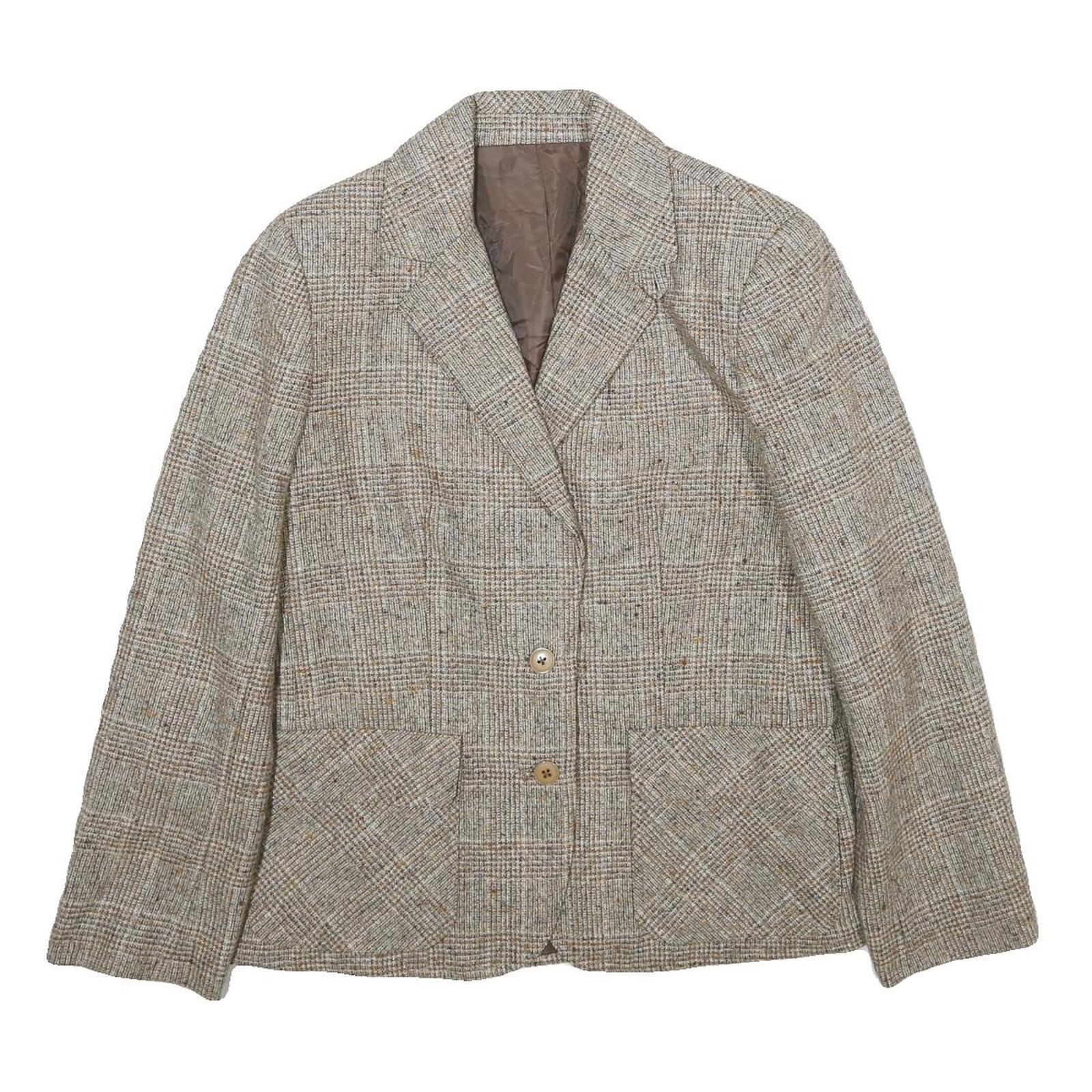 SUIT WORLD Womens Beige Wool Check Jacket M Woven Classic Button Closure