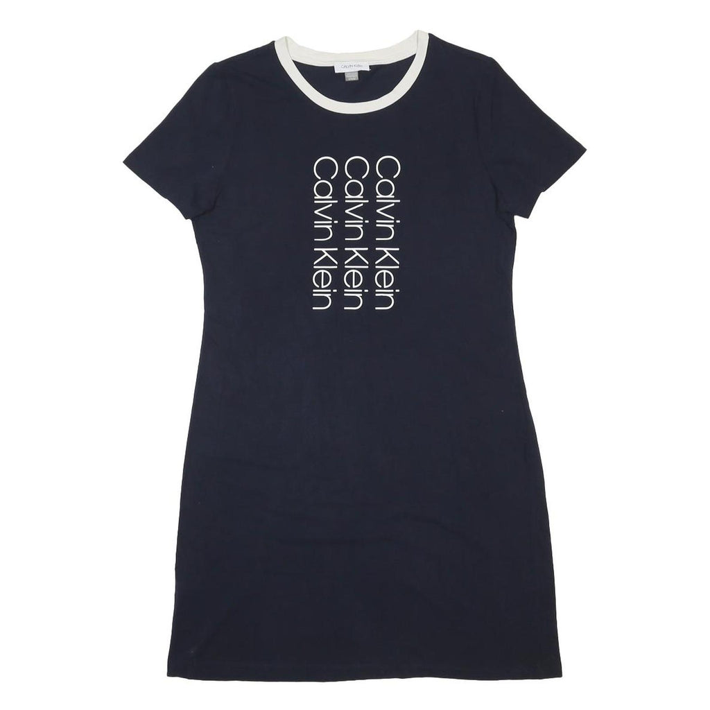 CALVIN KLEIN Womens Navy Blue & White Cotton Blend T-Shirt Dress M Logo Print