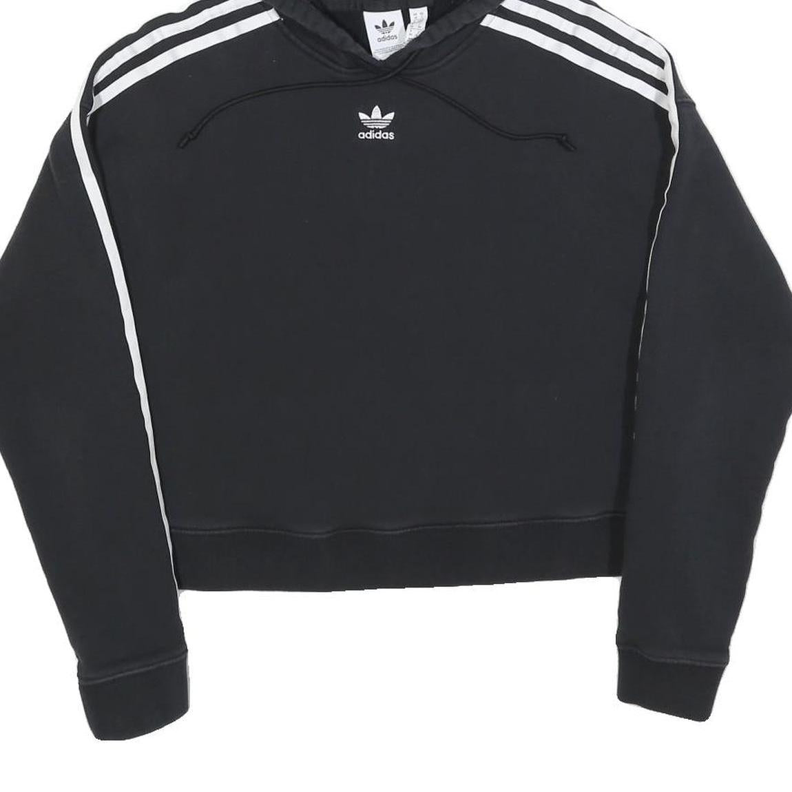 ADIDAS Womens Black & White Hoodie UK 10 Cropped 3 Stripes Pullover Cotton Blend