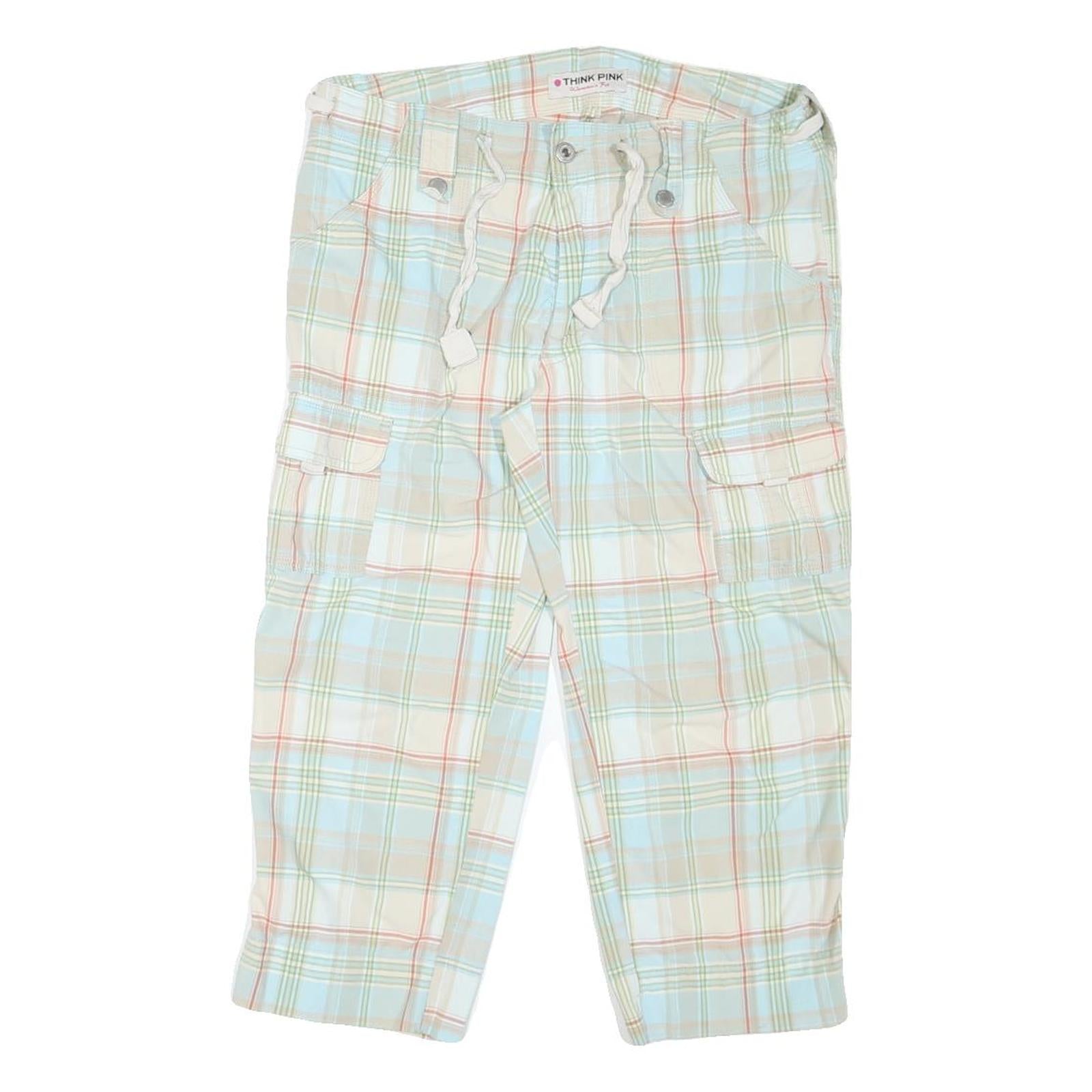 THINK PINK Womens Shorts Blue Beige Check M W34 Cargo Casual Cotton Blend