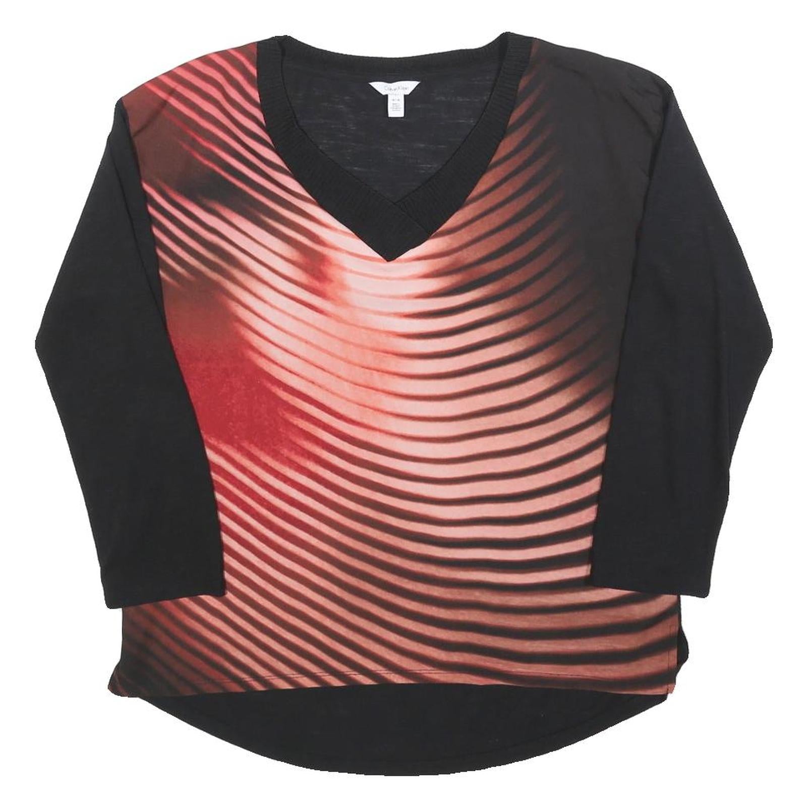 CALVIN KLEIN Womens Black & Red Printed Top Long Sleeve V-Neck M Lightweight