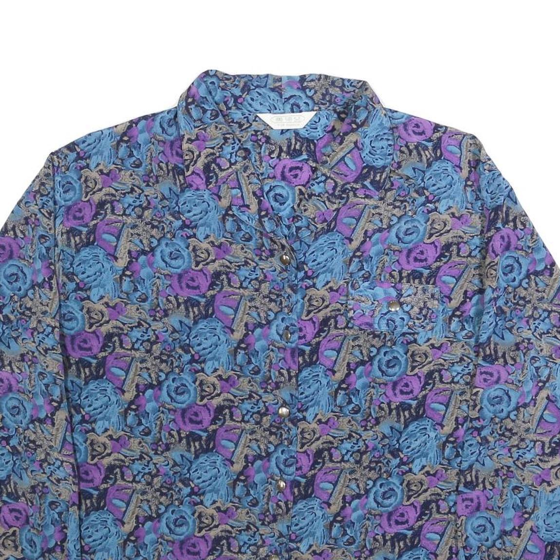 TOP FASHION Womens Blue & Purple Printed Shirt Long Sleeve Collared M Floral