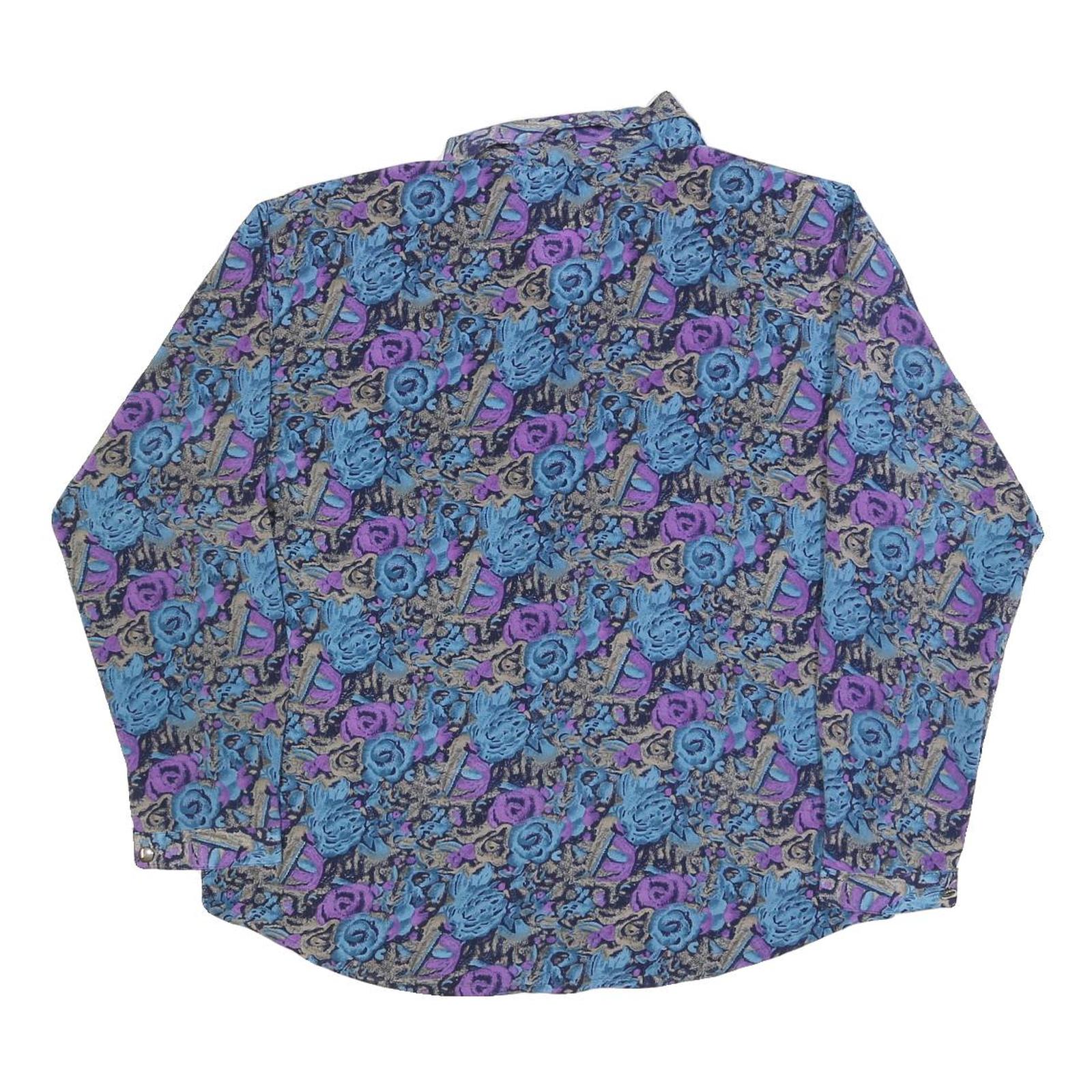TOP FASHION Womens Blue & Purple Printed Shirt Long Sleeve Collared M Floral