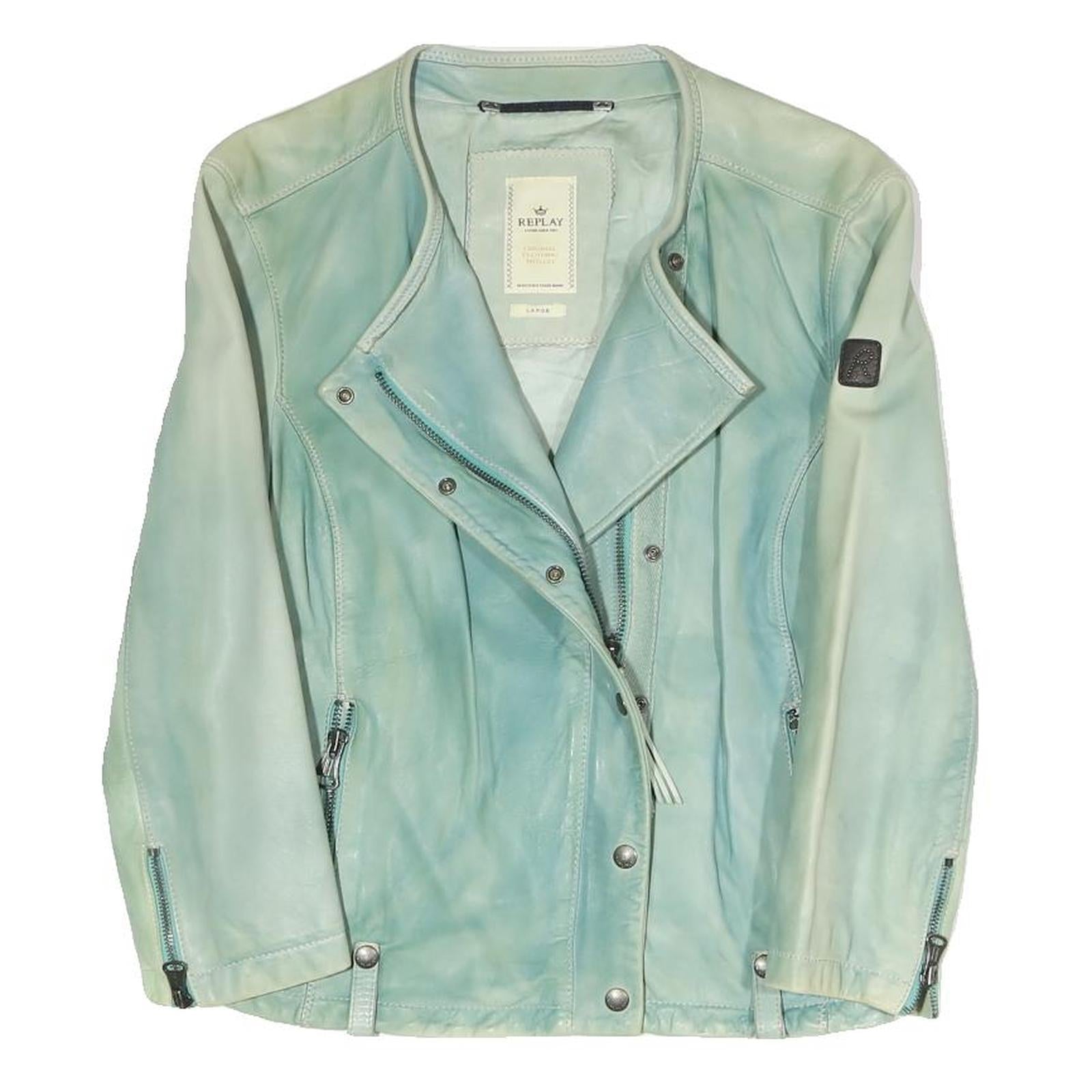 REPLAY Womens Blue Leather Biker Jacket L Zip Fastening Stylish Casual