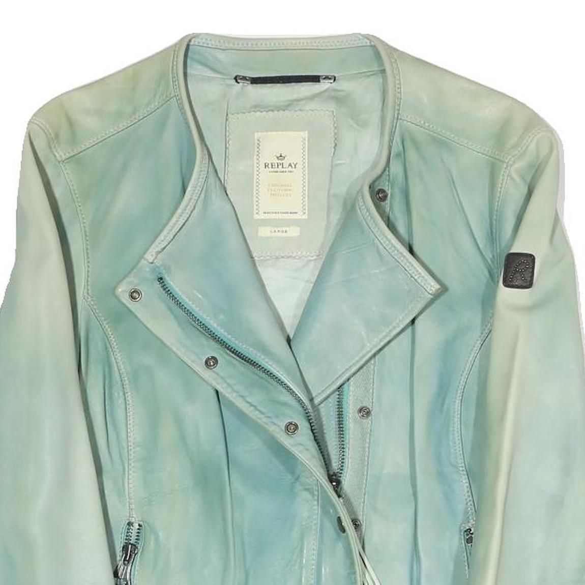 REPLAY Womens Blue Leather Biker Jacket L Zip Fastening Stylish Casual