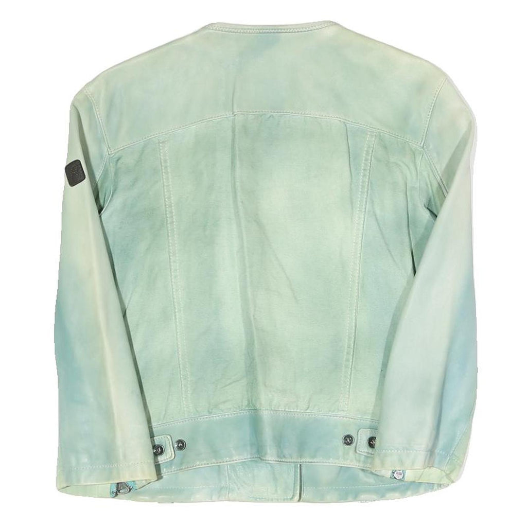 REPLAY Womens Blue Leather Biker Jacket L Zip Fastening Stylish Casual