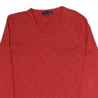 TOMMY HILFIGER Womens Red Patterned V-Neck Basic Knit Jumper M Stylish Soft Fit