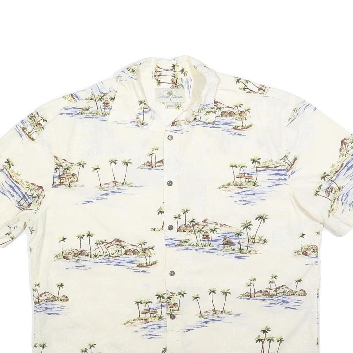 ISLAND SHORES Mens Cream & Blue Tropical Print Cotton Shirt L Hawaiian Style
