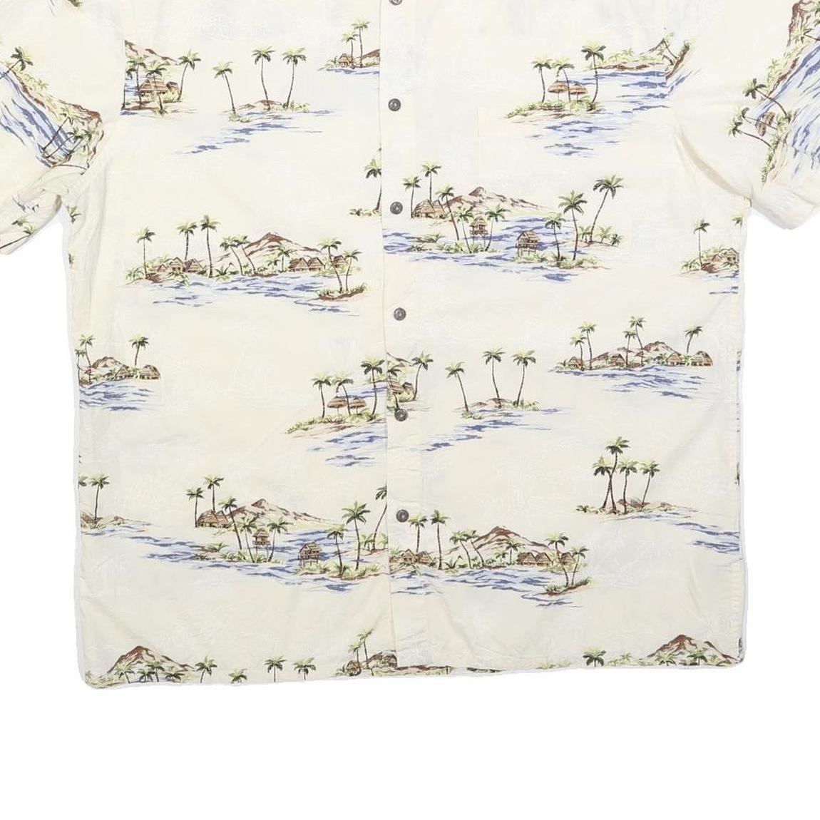 ISLAND SHORES Mens Cream & Blue Tropical Print Cotton Shirt L Hawaiian Style