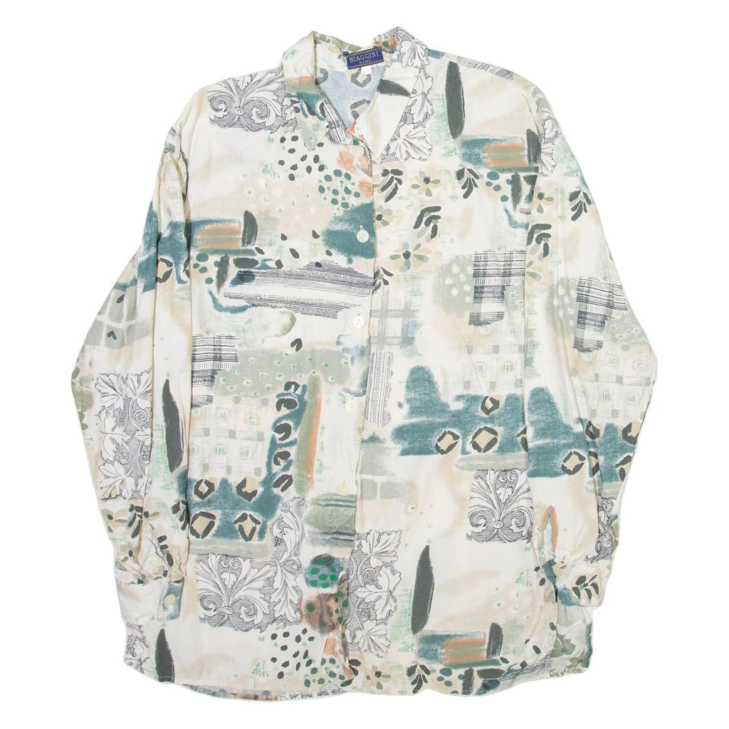 BIAGINNI Womens Printed Shirt White Collared Long Sleeve Viscose Crazy Pattern M