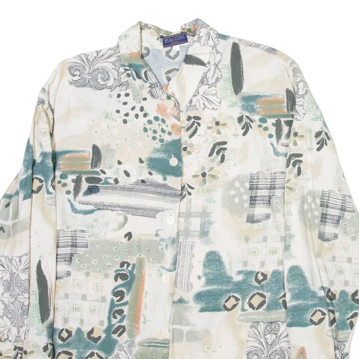 BIAGINNI Womens Printed Shirt White Collared Long Sleeve Viscose Crazy Pattern M