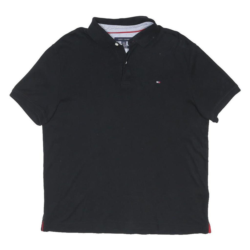 TOMMY HILFIGER Mens Black Short Sleeve Plain Polo Shirt L Classic Fit Logo