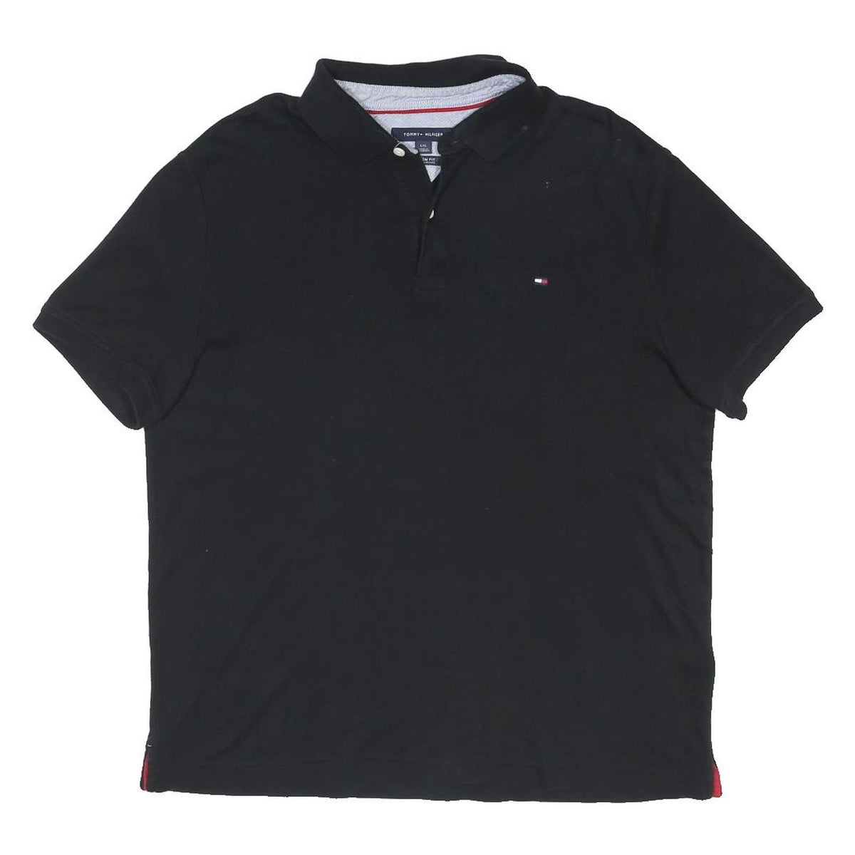 TOMMY HILFIGER Mens Black Short Sleeve Plain Polo Shirt L Classic Fit Logo