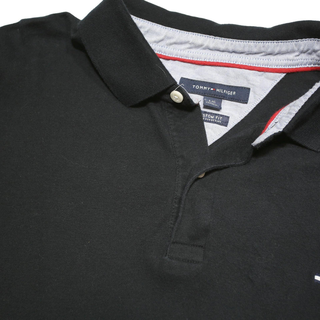 TOMMY HILFIGER Mens Black Short Sleeve Plain Polo Shirt L Classic Fit Logo