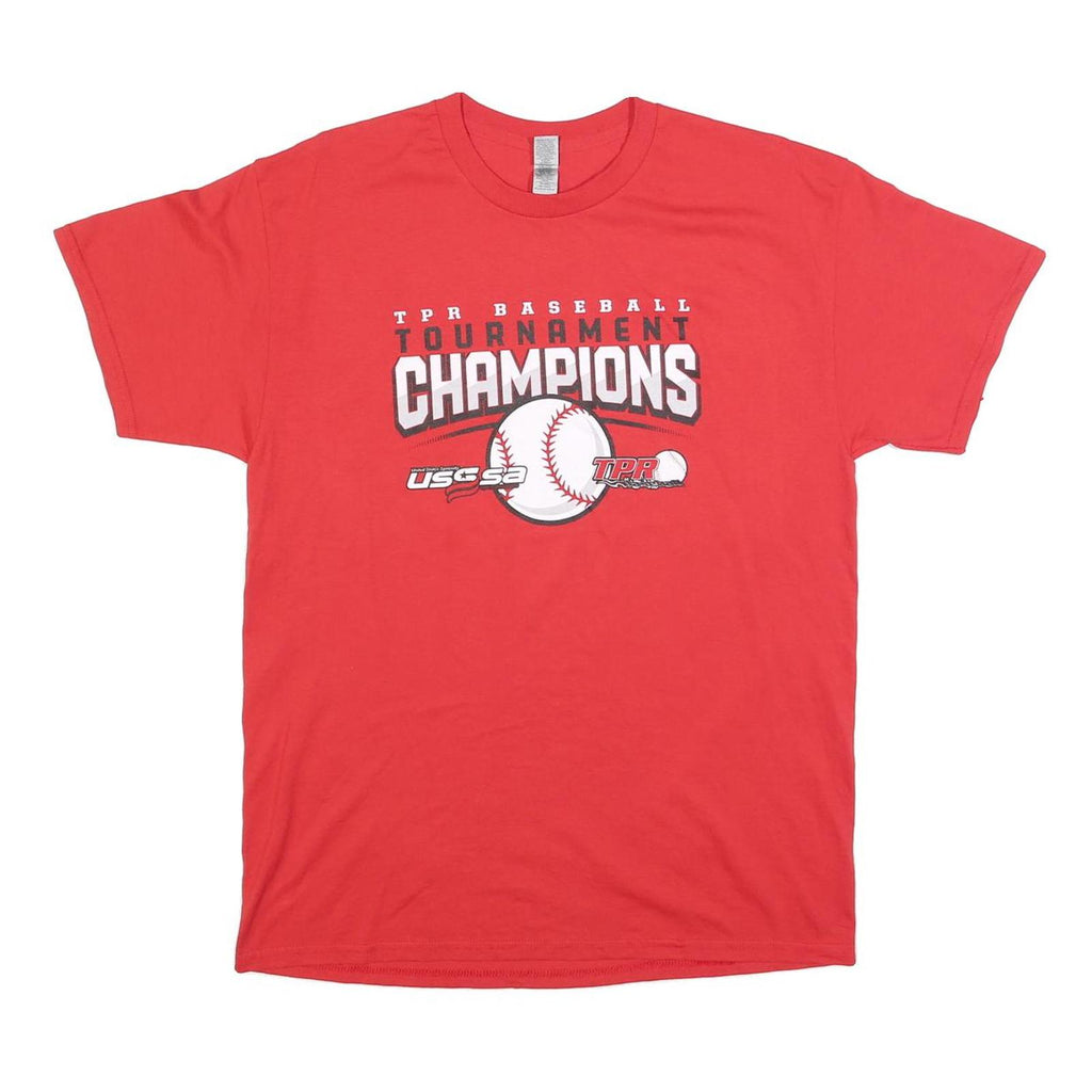 GILDAN Mens Red Baseball Tournament Champions Graphic T-Shirt L Short Sleeve