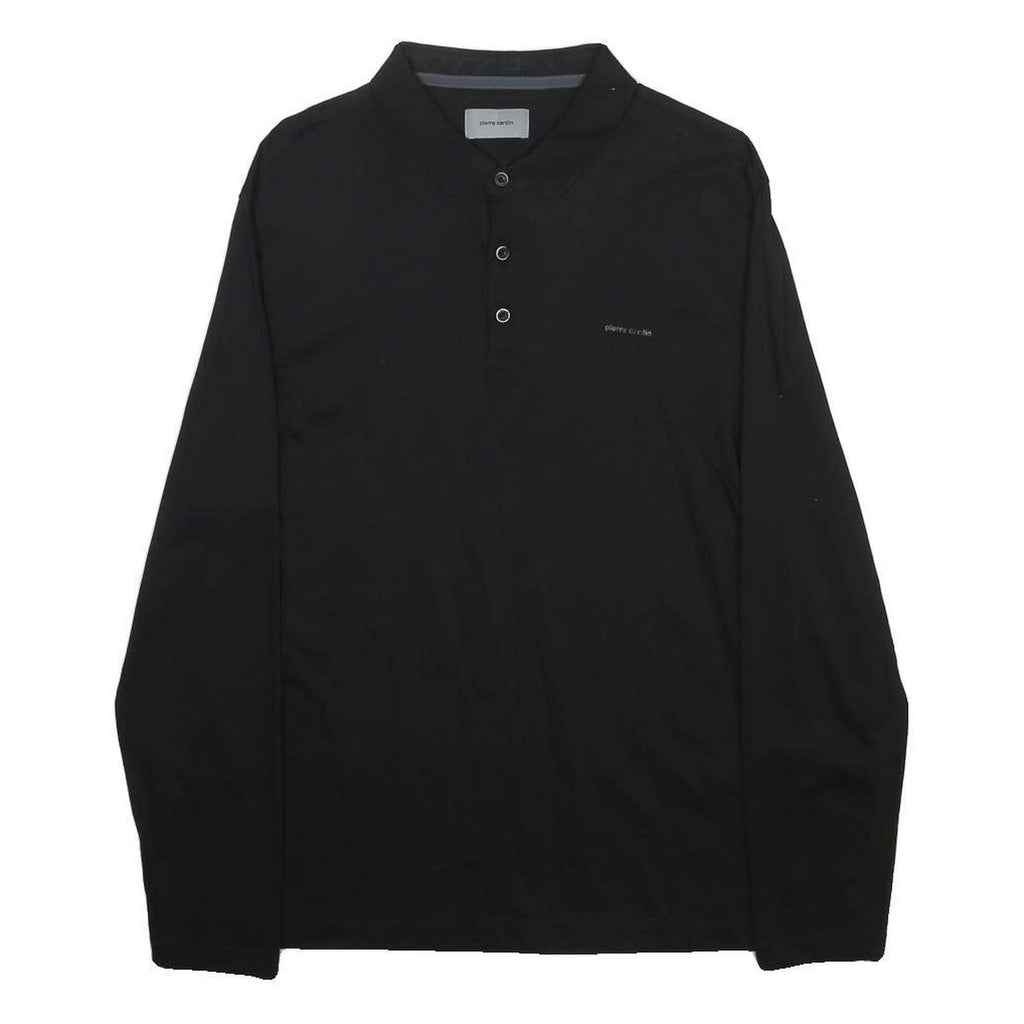 PIERRE CARDIN Mens Black Long Sleeve Plain XL Cotton Blend Polo Shirt Button