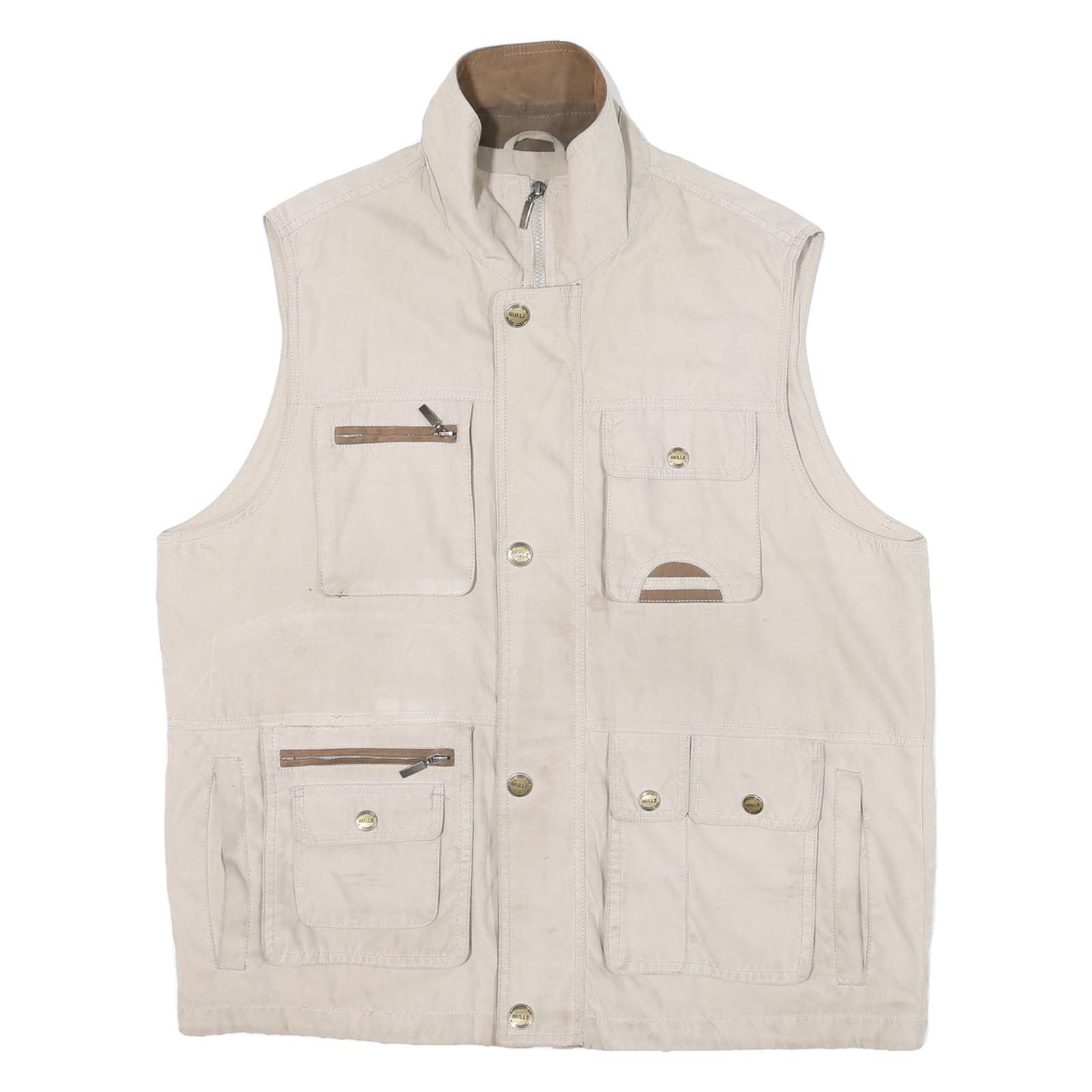 MODE MILLE Mens Beige Outdoor Jacket L Cotton Blend Woven Plain Zip Utility Vest