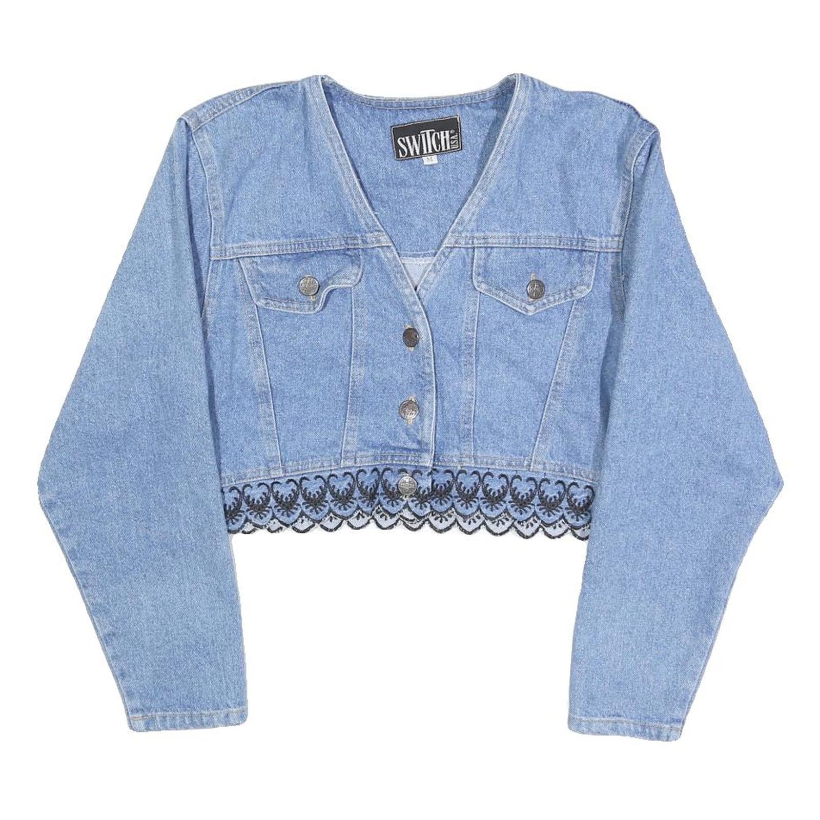 SWITCH Womens Blue Cotton Cropped Button Jacket M Lace Trim Vintage Style