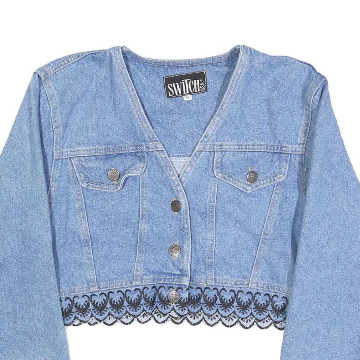 SWITCH Womens Blue Cotton Cropped Button Jacket M Lace Trim Vintage Style