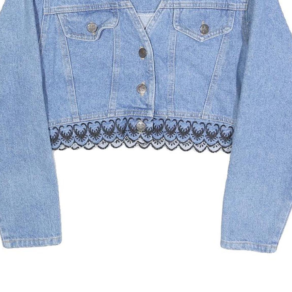 SWITCH Womens Blue Cotton Cropped Button Jacket M Lace Trim Vintage Style
