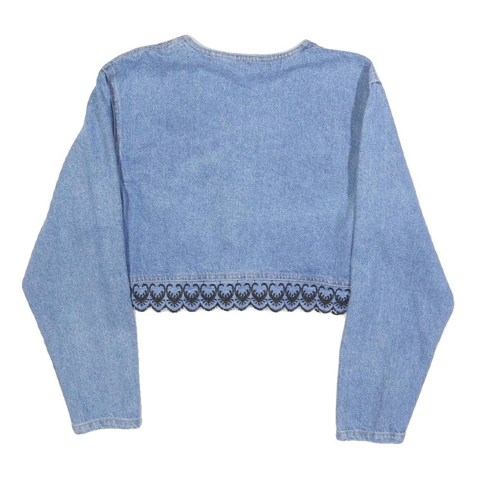 SWITCH Womens Blue Cotton Cropped Button Jacket M Lace Trim Vintage Style