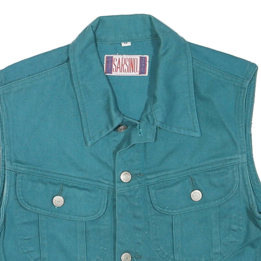 Womens Blue Cotton Button Sleeveless Jacket M Plain Classic Casual Vest