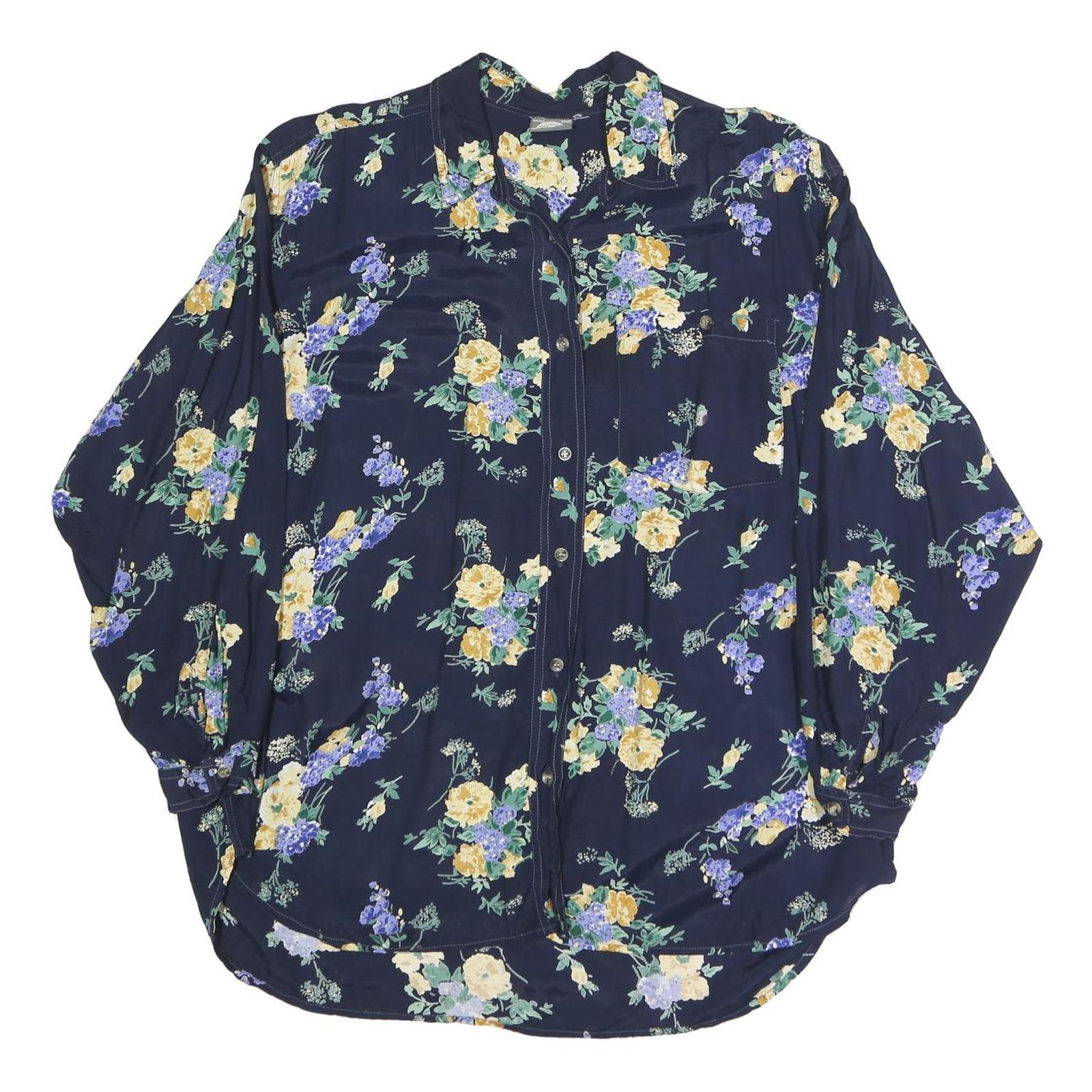 GARRY Womens Navy Blue Floral Print Shirt Long Sleeve Collared XL Button Up