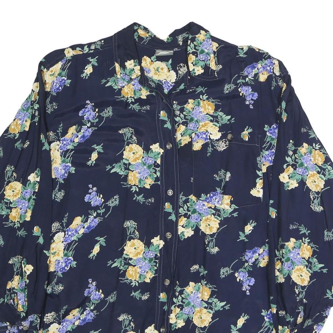 GARRY Womens Navy Blue Floral Print Shirt Long Sleeve Collared XL Button Up
