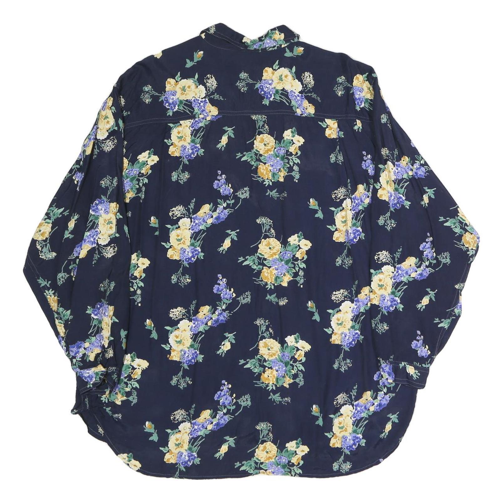 GARRY Womens Navy Blue Floral Print Shirt Long Sleeve Collared XL Button Up