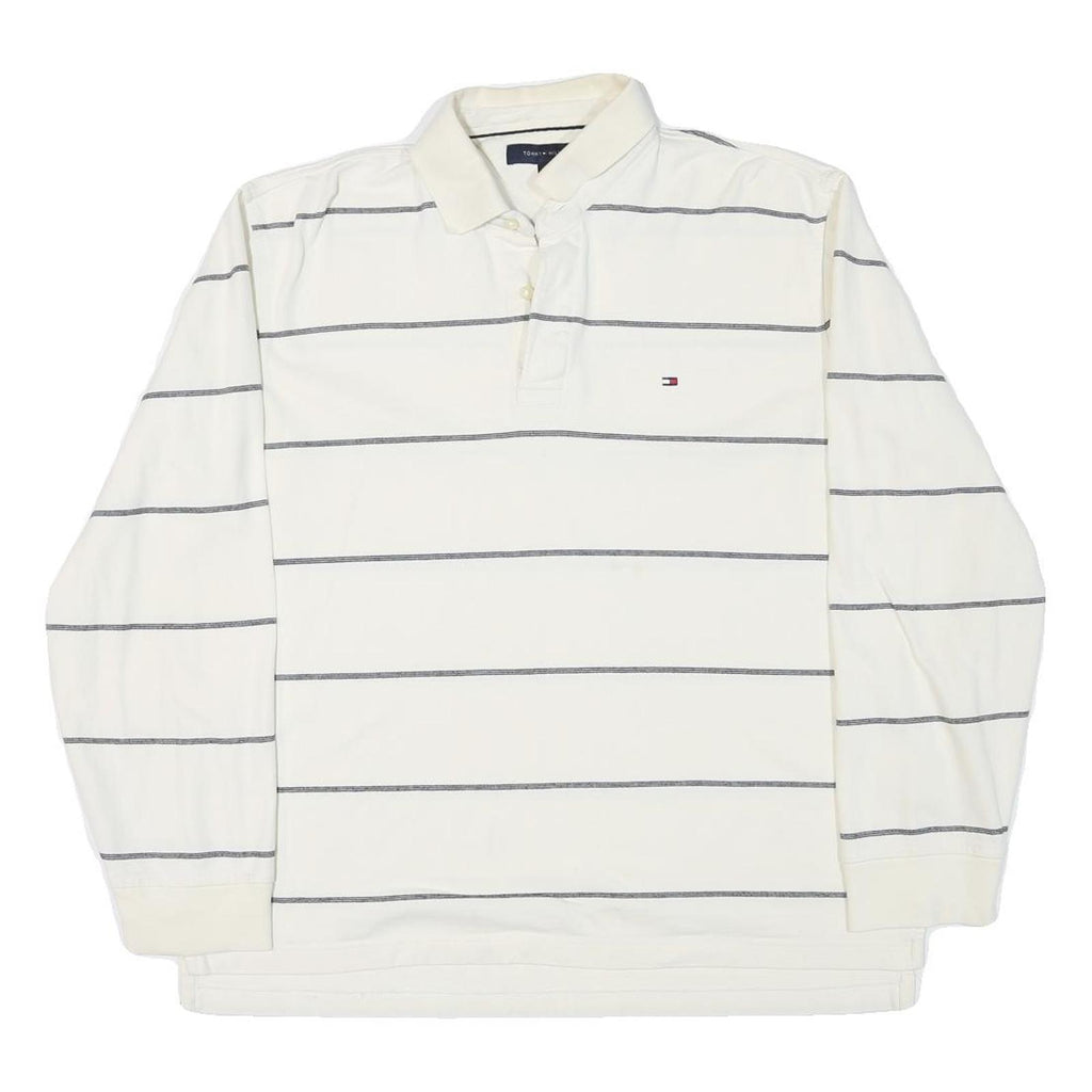 TOMMY HILFIGER Mens White & Grey Stripe Long Sleeve Polo Shirt L Cotton Blend