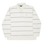 TOMMY HILFIGER Mens White & Grey Stripe Long Sleeve Polo Shirt L Cotton Blend