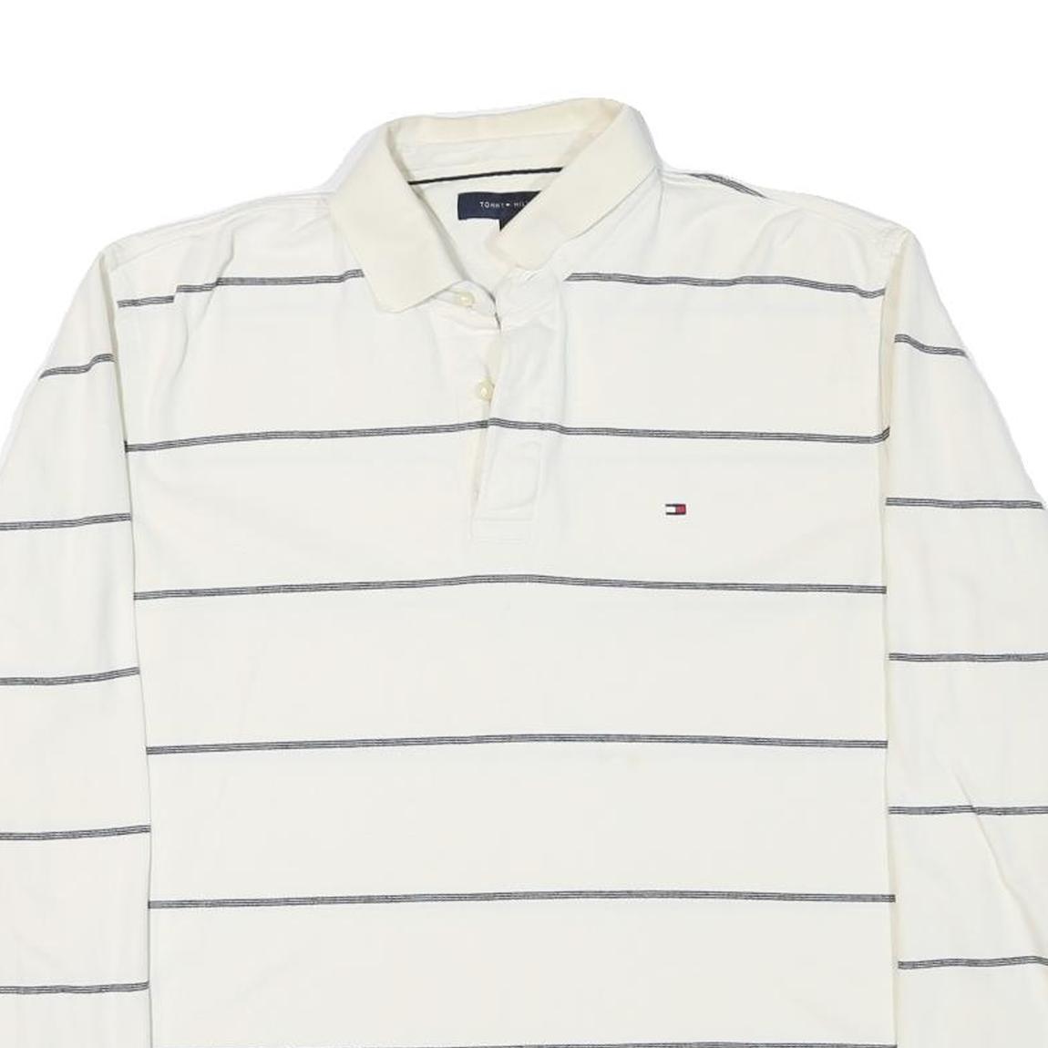 TOMMY HILFIGER Mens White & Grey Stripe Long Sleeve Polo Shirt L Cotton Blend