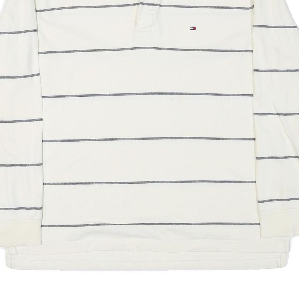 TOMMY HILFIGER Mens White & Grey Stripe Long Sleeve Polo Shirt L Cotton Blend
