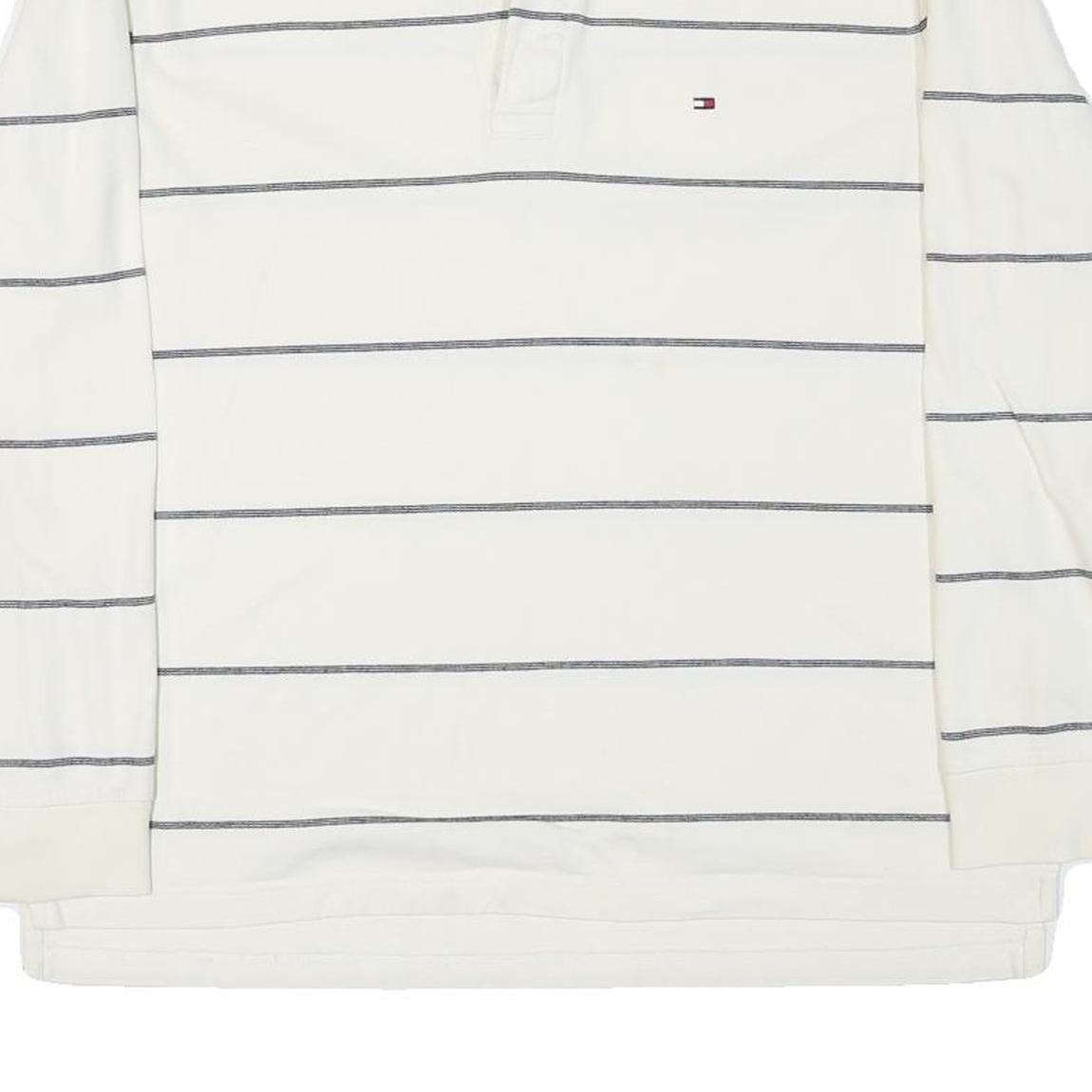 TOMMY HILFIGER Mens White & Grey Stripe Long Sleeve Polo Shirt L Cotton Blend