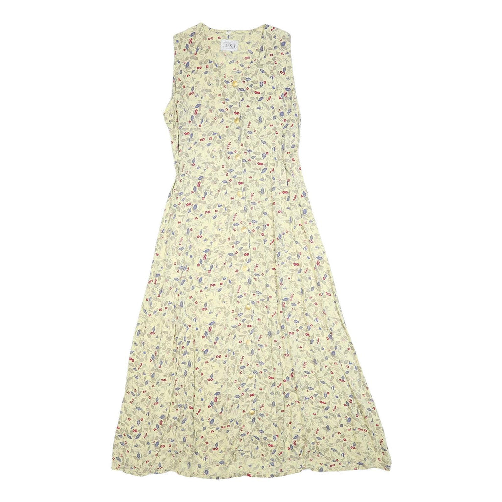 LUNA Womens Cream Floral Cotton Blend Sleeveless Midi Dress M Button Closure