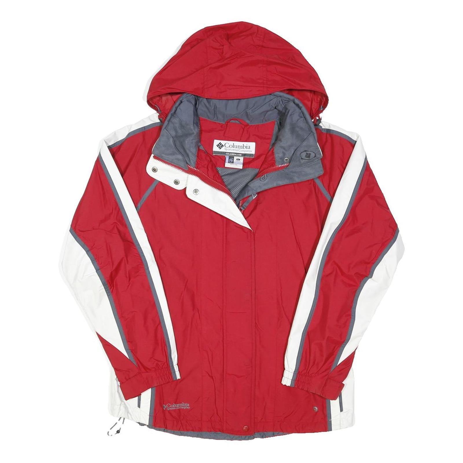 COLUMBIA Womens Red & White Outdoor Jacket L Polyester Blend Zip Hooded Sport