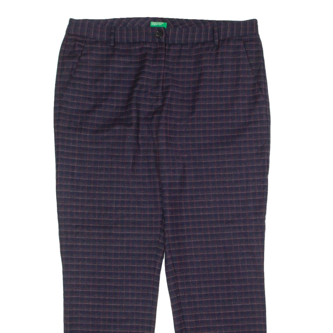 BENETTON Check Suit Womens Trousers Blue Regular Straight Wool W36 L28