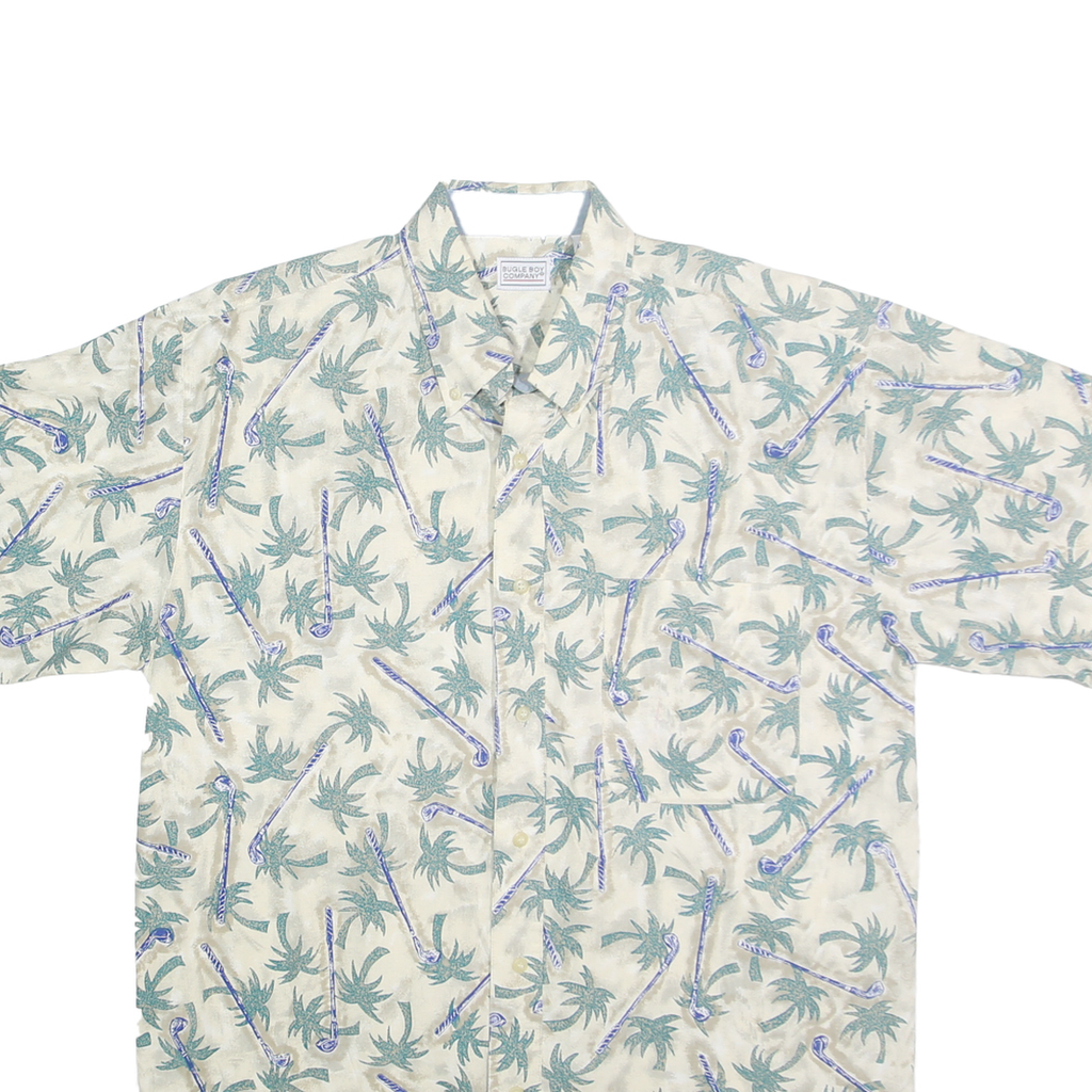 BUGLE BOY Mens Cream & Green Palm Tree Cotton Shirt M Short Sleeve Casual