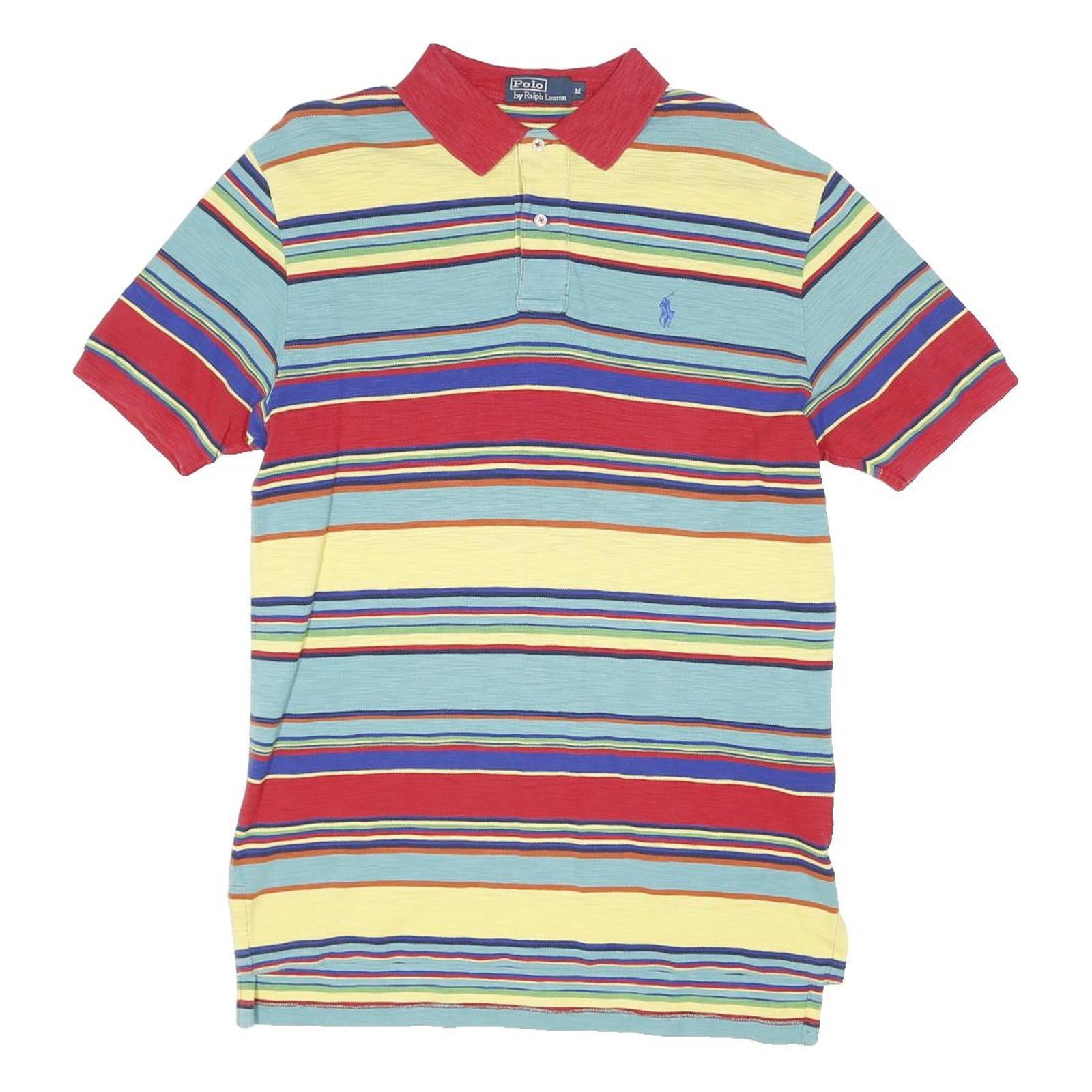 POLO RALPH LAUREN Mens Blue & Red Striped Short Sleeve Polo Shirt M Cotton Blend