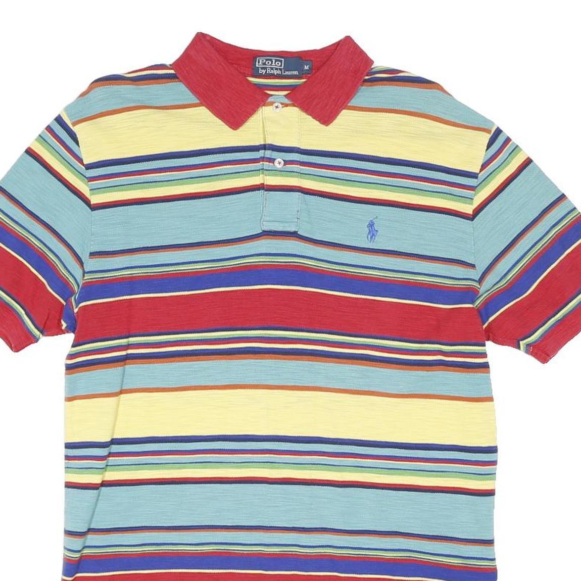 POLO RALPH LAUREN Mens Blue & Red Striped Short Sleeve Polo Shirt M Cotton Blend