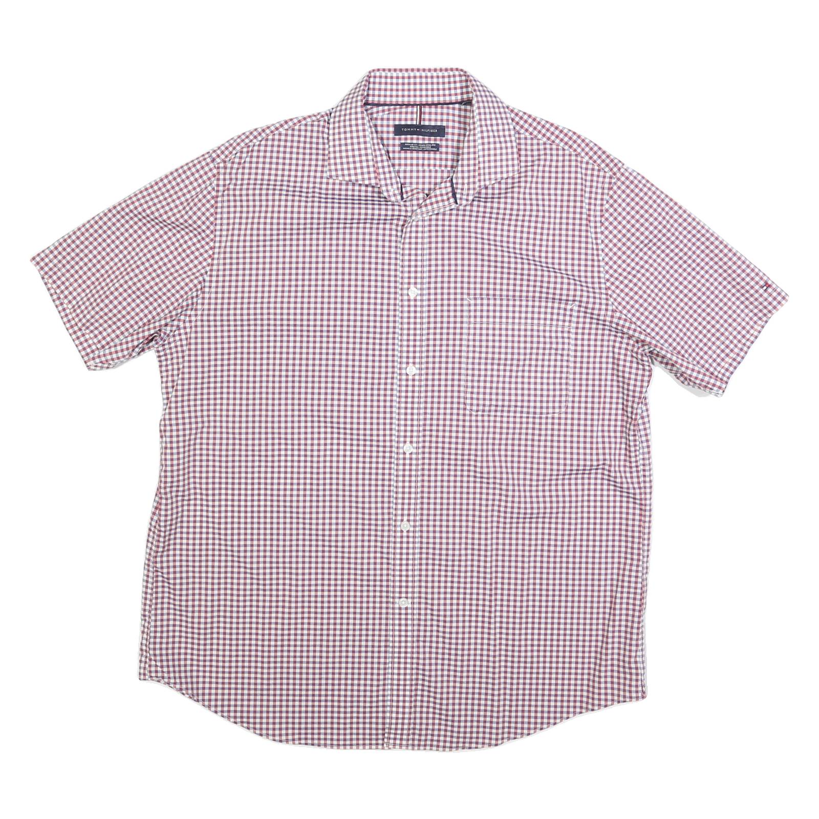 TOMMY HILFIGER Mens Red & White Check Shirt L Short Sleeve Cotton Blend Casual