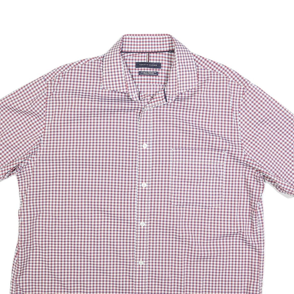 TOMMY HILFIGER Mens Red & White Check Shirt L Short Sleeve Cotton Blend Casual