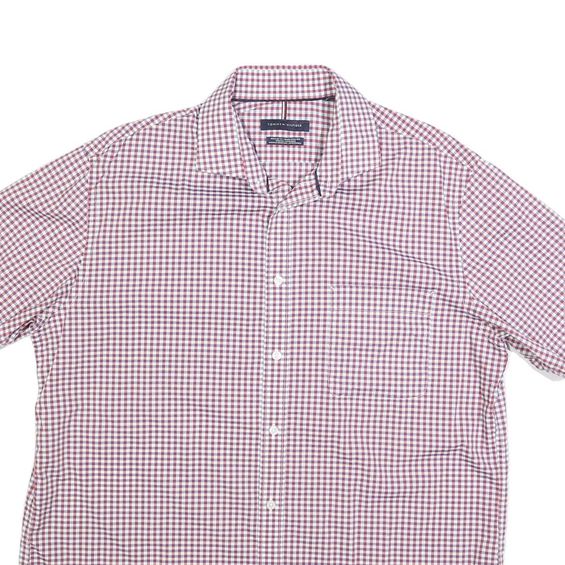 TOMMY HILFIGER Mens Red & White Check Shirt L Short Sleeve Cotton Blend Casual
